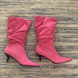 Pink Suede Mid-Calf Heeled Boots